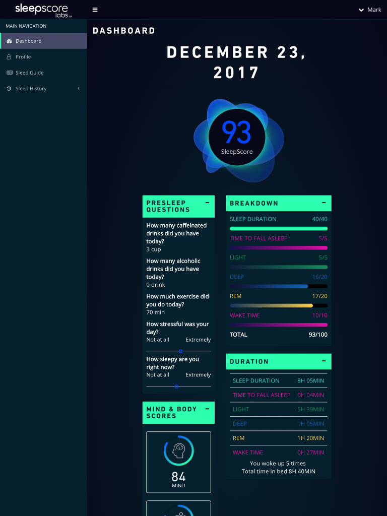 A splash of jQuery animation for the sleep score petals, CSS styling to chart out the breakdown all inside of an Angular dashboard.